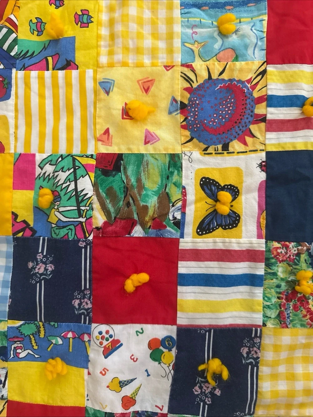 Vintage Handmade Crazy Quilt Baby Blanket 40x54 80s 90s Retro Bright Abstract